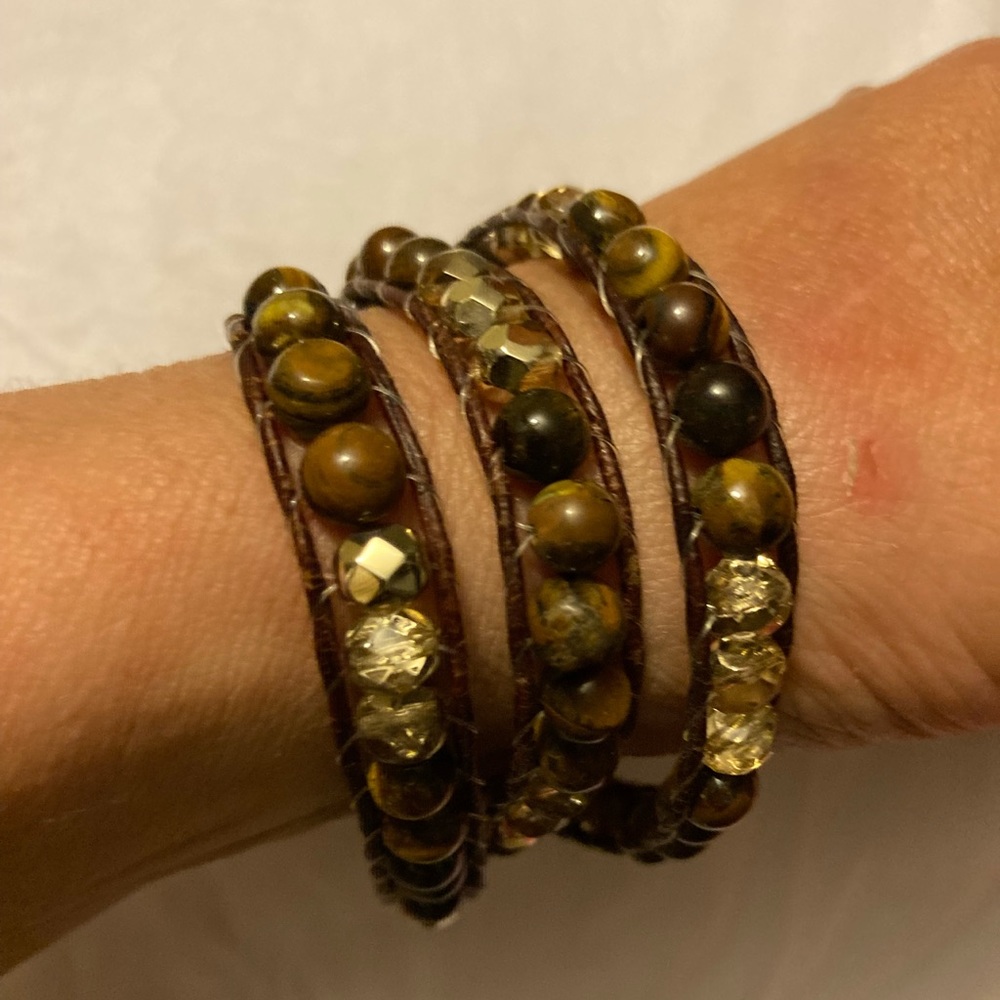 Brown cats eye & golden Czech glass wrap bracelet